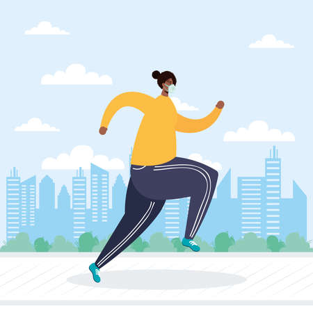 young afro man wearing medical mask running avatar character vector illustration designのイラスト素材