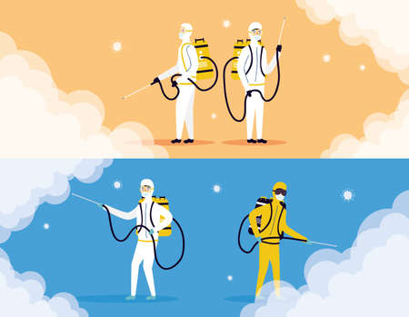 biosafety workers with sprayers disinfect vector illustration designのイラスト素材
