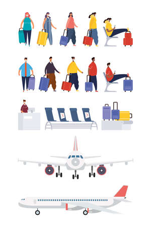interracial people travelers with suitcases avatars characters vector illustration designのイラスト素材