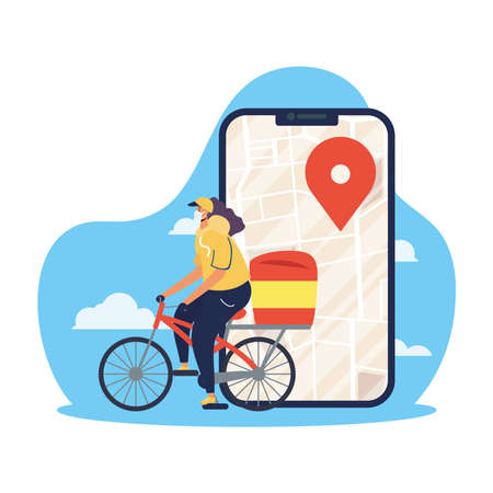 safe food delivery female worker in bicycle with smartphone for covid19 vector illustration designのイラスト素材