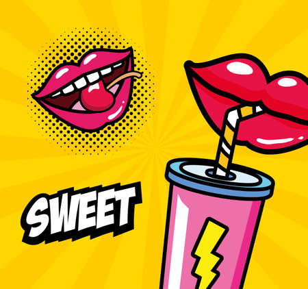 mouth soda drink straw sweet pop art elements vector illustrationのイラスト素材