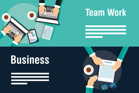 business and teamwork banners with gadgets vector illustration design