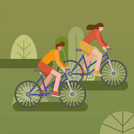 young couple bikes ride sport characters vector illustration designのイラスト素材
