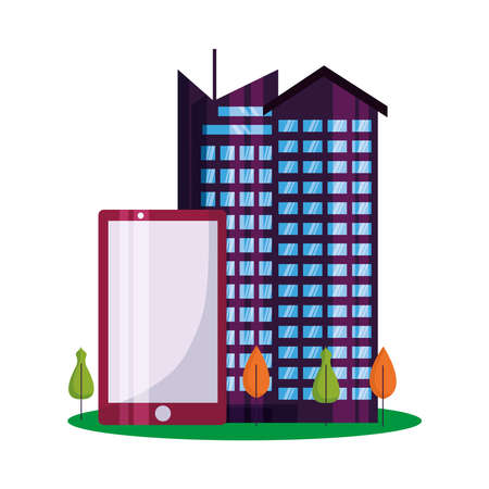 Buildings smartphone and trees design, City architecture urban modern downtown contemporary metropolis exterior and construction theme Vector illustrationのイラスト素材
