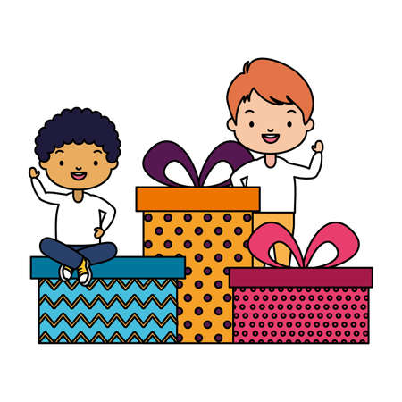 happy kids with gifts boxes vector illustrationのイラスト素材