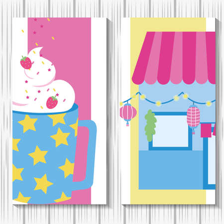 sweet smoothie strawberry and house facade kawaii style vector illustration designのイラスト素材