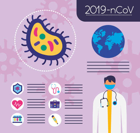 covid19 pandemic infographics with earth planet and doctor vector illustration designのイラスト素材