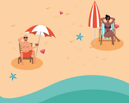 interracial couple on the beach practicing social distance vector illustration designのイラスト素材