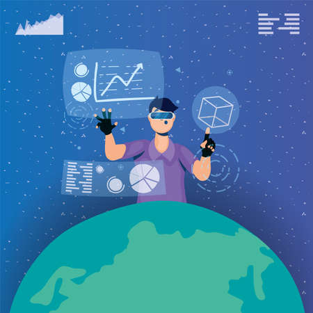 young man using reality virtual tech in interactive display vector illustration designのイラスト素材