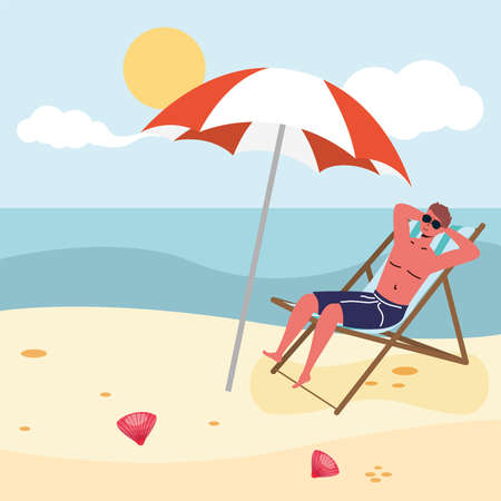 man wearing swimsuit seated in beach chair vector illustration designのイラスト素材