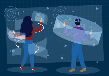 couple using augmented reality technology vector illustration design