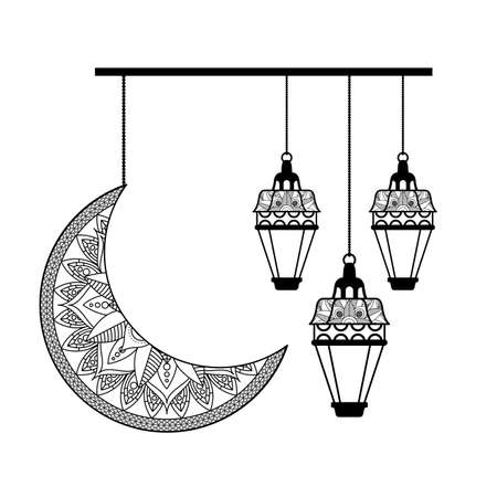 monochrome moon and lanterns hanging ramadan kareem vector illustration designのイラスト素材