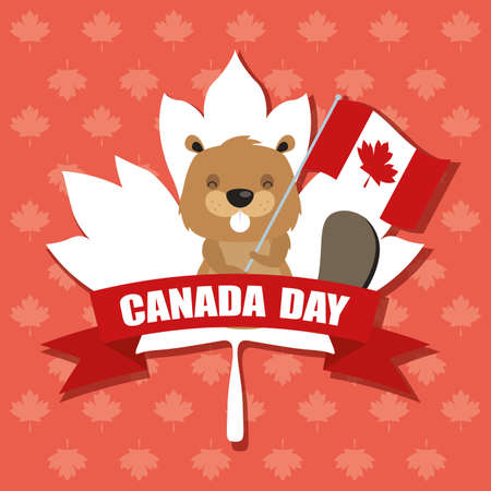 happy canada day with beaver and flag vector illustration designのイラスト素材