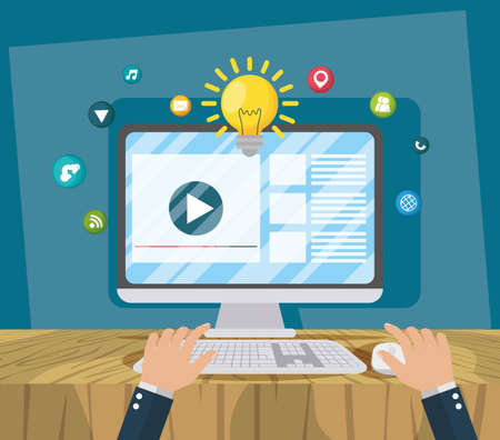 digital marketing tech with desktop vector illustration designのイラスト素材