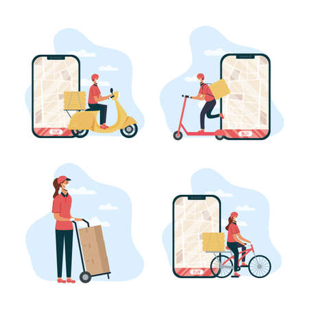 safe food delivery female worker with smartphones and vehicles vector illustration designのイラスト素材