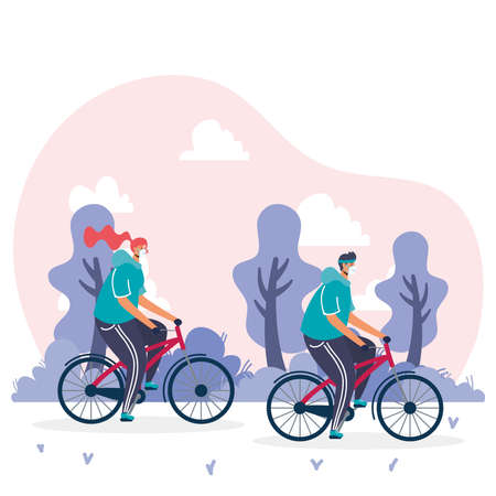 young couple wearing medical masks in bicycles vector illustration designのイラスト素材