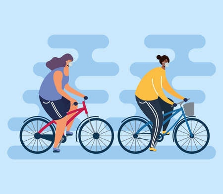 young couple wearing medical masks in bicycles vector illustration designのイラスト素材