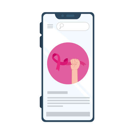 hand fist with pink ribbon in smartphone of breast cancer awareness design, campaign and prevention theme Vector illustrationのイラスト素材