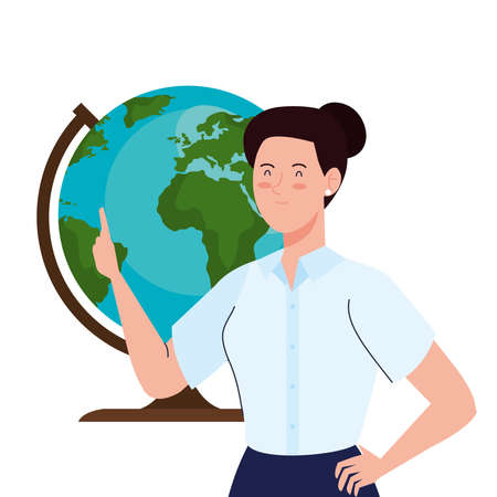 School woman teacher in front of world sphere design, Education class lesson and knowledge theme Vector illustrationのイラスト素材