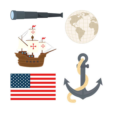 Columbus ship telescope world sphere anchor and usa flag design of happy columbus day america and discovery theme Vector illustrationのイラスト素材