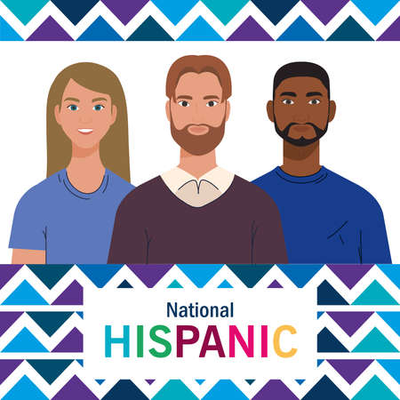 latin woman and men cartoons with blue shapes design, national hispanic heritage month and culture theme Vector illustrationのイラスト素材