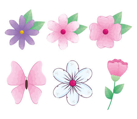 flowers with leaves and butterfly design, natural floral nature plant ornament garden decoration and botany theme Vector illustrationのイラスト素材
