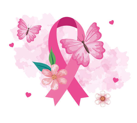 pink ribbon with flower and butterflies of breast cancer awareness design, campaign and prevention theme Vector illustrationのイラスト素材