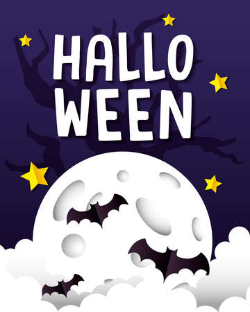 Halloween bats on moon design, Holiday and scary theme Vector illustrationのイラスト素材
