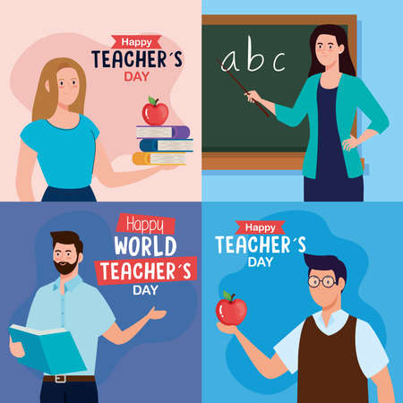 men and women teachers with green board design, Happy teachers day celebration and education theme Vector illustrationのイラスト素材