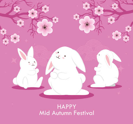 rabbits with flowers design, Happy mid autumn harvest festival oriental chinese and celebration theme Vector illustrationのイラスト素材
