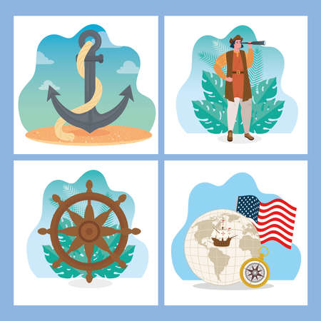 Christopher Columbus cartoon anchor rudder and world design of happy columbus day america and discovery theme Vector illustrationのイラスト素材