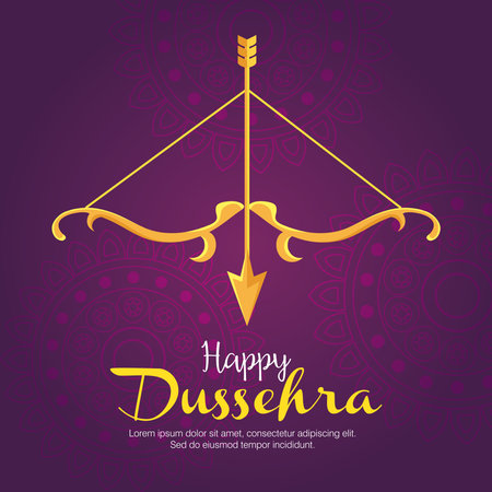 gold bow with arrow on purple with mandalas background design, Happy dussehra festival and indian theme Vector illustrationのイラスト素材