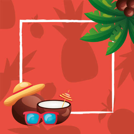 coconuts glasses hat and palm tree frame design, Summer vacation tropical relaxation outdoor nature tourism relax lifestyle and paradise theme Vector illustrationのイラスト素材