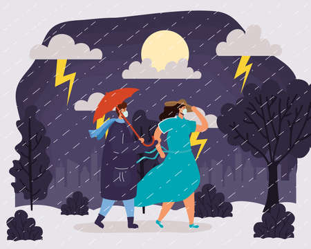 young couple wearing medical masks in rainy weather scene vector illustration designのイラスト素材