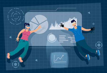 couple using augmented reality technology vector illustration design