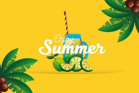 lemons with juice and palm trees design, Summer vacation and tropical theme Vector illustrationのイラスト素材
