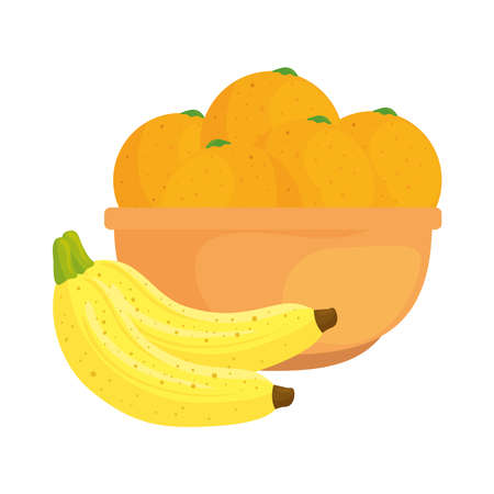fresh fruits, bananas and oranges in bowl, in white background vector illustration designのイラスト素材