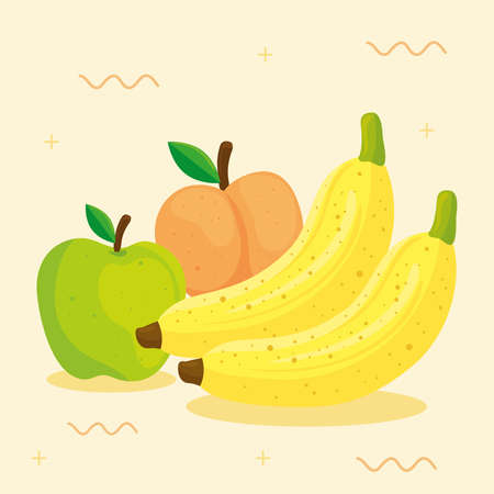 fresh fruits, apple green with banana and peach vector illustration designのイラスト素材