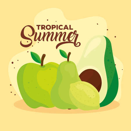 tropical summer banner with green apple, pear, lemon and avocado vector illustration designのイラスト素材