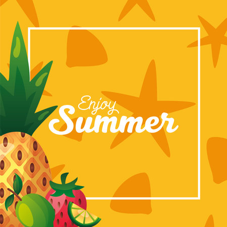 pineapple watermelon lemon and strawberry with frame design, Fruit healthy organic food sweet and...