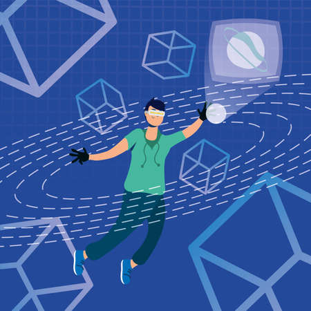 young man using reality virtual tech in interactive display vector illustration designのイラスト素材