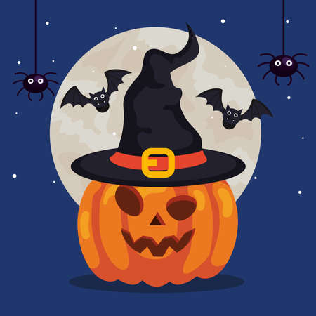 happy halloween banner and pumpkin with hat witch, bats flying and spiders vector illustration designのイラスト素材