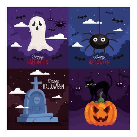 set banners of happy halloween celebration vector illustration designのイラスト素材