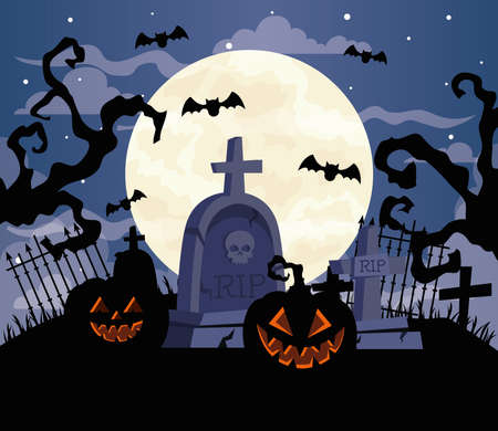 happy halloween banner with pumpkins, bats flying, in cemetery scene vector illustration designのイラスト素材