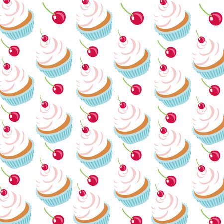 sweet cupcakes with cherries dessert pattern vector illustration designのイラスト素材