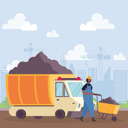 construction dump vehicle and builder in workplace vector illustration designのイラスト素材