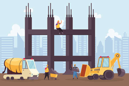 construction excavator vehicle and mixer with workers scene vector illustration designのイラスト素材