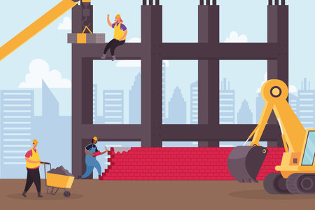 construction excavator vehicle and workers scene vector illustration design
