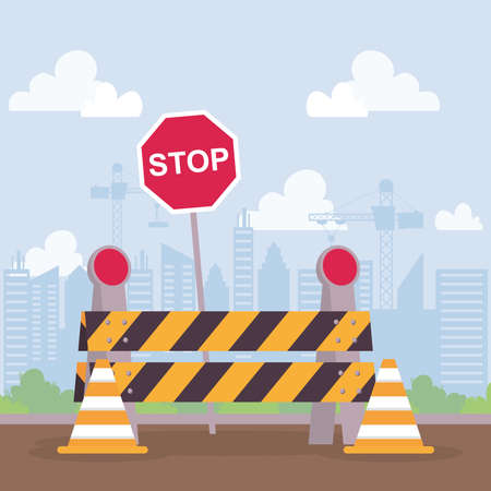 construction scene with barricade and stop signal vector illustration designのイラスト素材