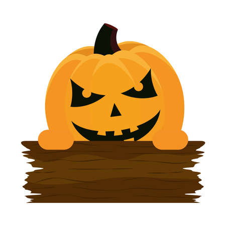 halloween orange pumpkin face with wooden board vector illustration designのイラスト素材